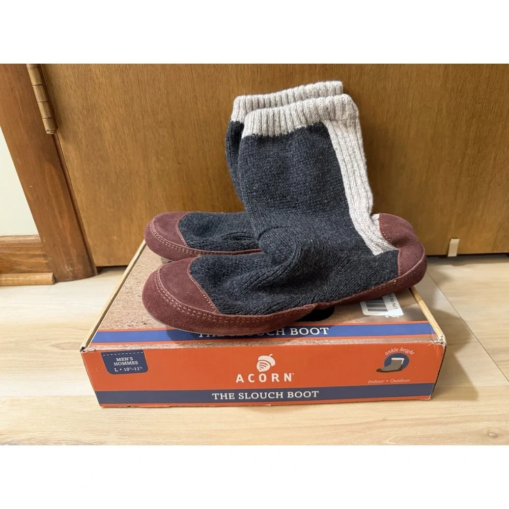 Acorn Men's Slouch Boot Slipper, Charcoal Ragg Wool, Size L 10.5-11.5